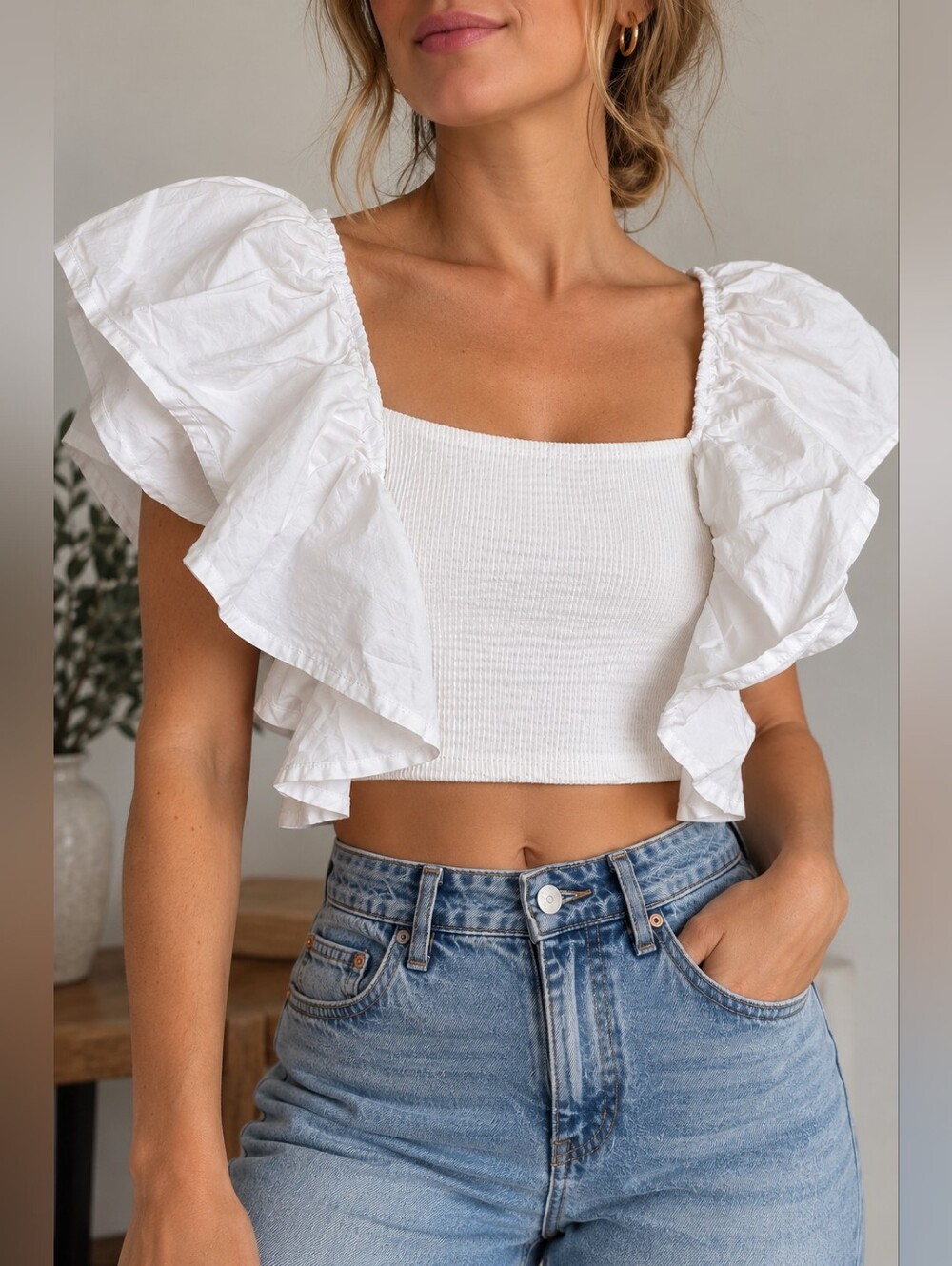 Zara White Cropped Ruffle Sleeve Square Neck Top – Size S